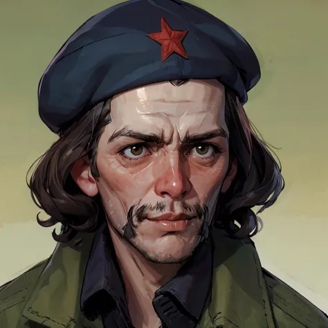 che guevara,  <lora:Che Guevara_c3gu3:0.8> c3gu3 <lora:DE_Alexander_Rostov:0.8> A_Rostov_Style, military fatigues, beret, high quality, highly detailed, portrait