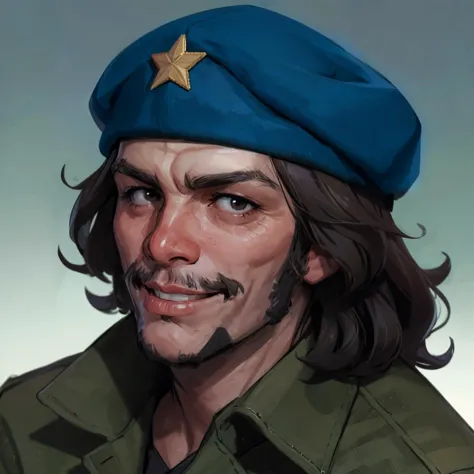 che guevara,  <lora:Che Guevara_c3gu3:0.8> c3gu3 <lora:DE_Alexander_Rostov:0.8> A_Rostov_Style, military fatigues, beret, facial hair, ((handsome)), high quality, highly detailed, portrait, smirk,