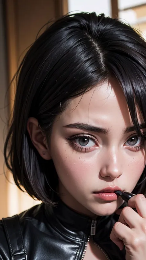 an eye contact of a goth punk girl, ashamed, setting spray, Sumptuous, liquid eyeliner, velvet lipstick, implied lines, Full lips, Round eyes, Razor cut hair cut, fair skin color, warm golden hour lighting, ND filter, <lora:punk_v0.2:1>