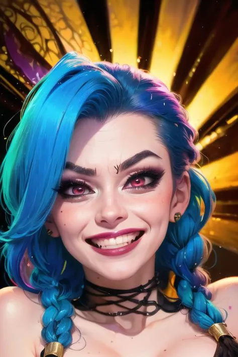 (masterpiece, best quality, intricate, detailed:1.4), (closeup of sexy girl face:1.3), (zoom:1.4), blue hair, ponytail, big eyes, red eyes, (grin512:1.4), (angry512:0.9), blush, moles, detailed skin, pores, two tone lighting, dramatic lighting, low key, jinxlol, acid background, <lora:eyelashes_slider_v3:2>, <lora:epi_noiseoffset2:2.5>, <lora:JinxLol:1>, <lora:detail_slider_v4:1.5>, <lora:acid_fluid_lora:0.5>