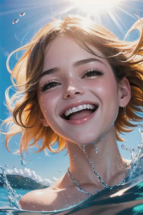 Hyperrealistic art vibrant joy of summer as a young woman gleefully splashes in the water, her radiant smile illuminating the fr...