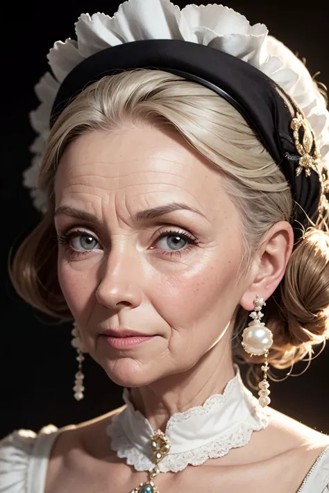close-up portrait, older english lady, victorian era, (lace bonnet detail:0.6), regal pearl earrings, soft curls framing face, r...