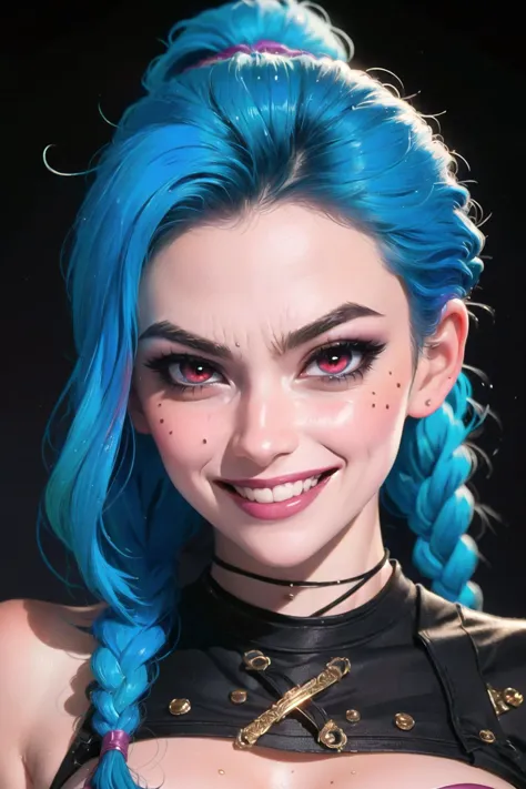 (masterpiece, best quality, intricate, detailed:1.4), (closeup of sexy girl face:1.3), (zoom:1.4), blue hair, ponytail, big eyes, red eyes, (grin512:1.4), (angry512:0.9), blush, moles, detailed skin, pores, two tone lighting, dramatic lighting, low key, jinxlol, acid background, <lora:eyelashes_slider_v3:2>, <lora:epi_noiseoffset2:2.5>, <lora:JinxLol:1>, <lora:acid_fluid_lora:0.4>,  <lora:age_slider_v6:-1>