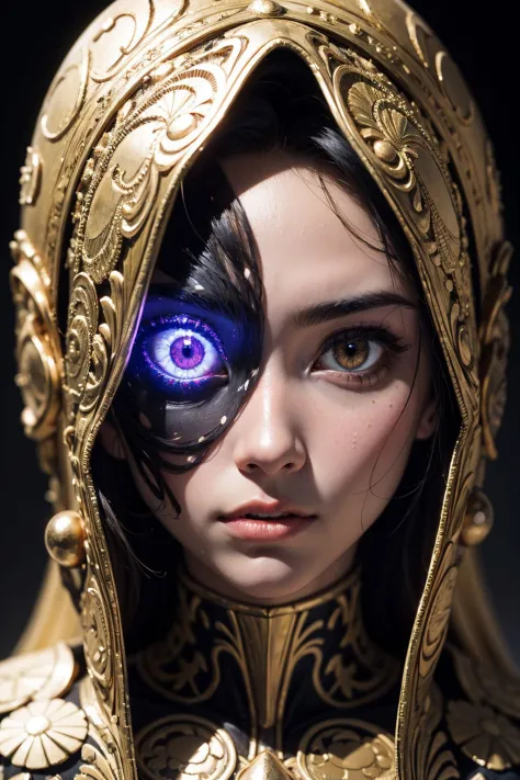 Abstract style hyper-realistic portrait of an otherworldly being with metallic skin, glowing orbs for eyes, and intricate fracta...