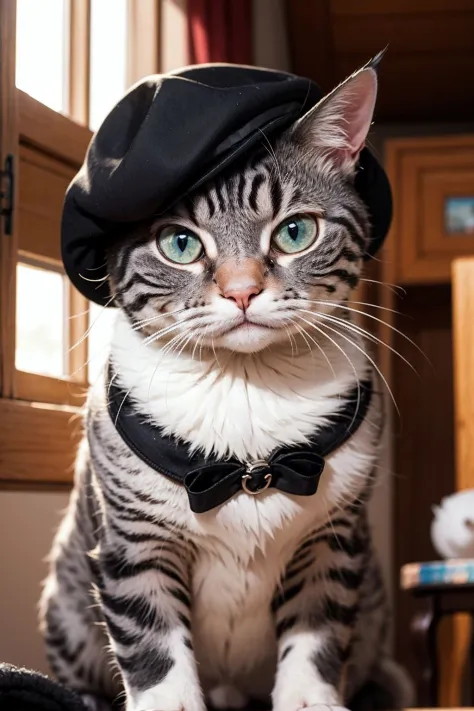 a photo of the most handsome cat, with a hat, his name is jack, stylish