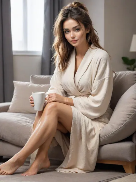 (full body shot:1.5), a tired woman in flip-flops and a bathrobe, messy hair, holding a mug, slouching as she sits in a couch, s...