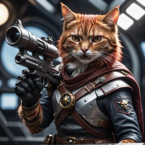 cinematic photo a detailed  award winning photo, cute red haired cat space pirate on his spaceship ,realistic fur, fangs , angry...