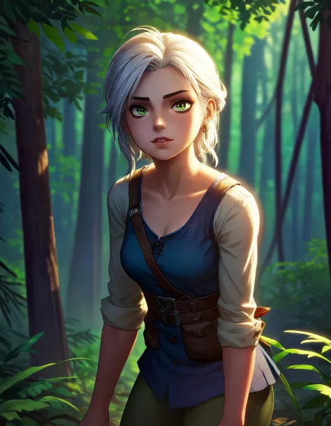 anime artwork In a lush jungle teeming with towering trees, tangled vines, and dappled sunlight, a young woman named Ciri moves ...