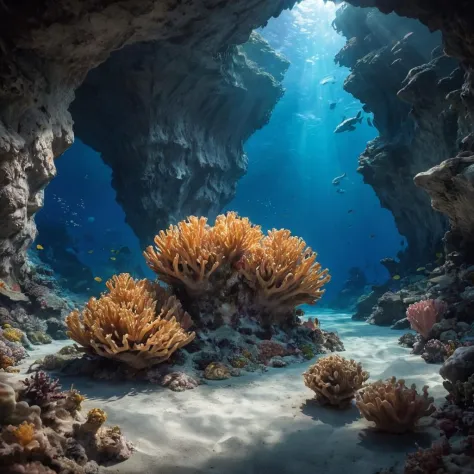 A image of An underwater cave system, teeming with exotic marine life and mysterious formations. Captured in HD on a hassleblad