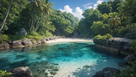 A lush tropical island, complete with crystal-clear lagoons and coral reefs. captured on a sony A6000

