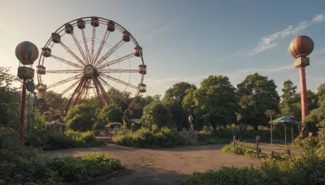 An abandoned amusement park, its rusting rides and attractions being reclaimed by nature. captured on a sony A6000
