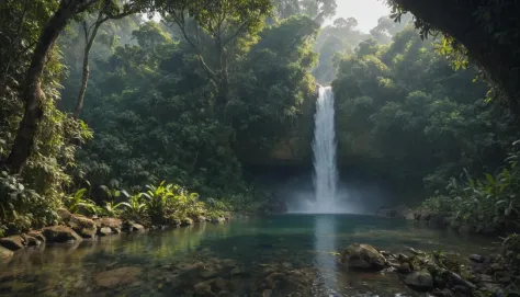 A hidden waterfall in the Amazon Rainforest, surrounded by exotic flora and fauna, accessible only by a narrow, winding path. ca...