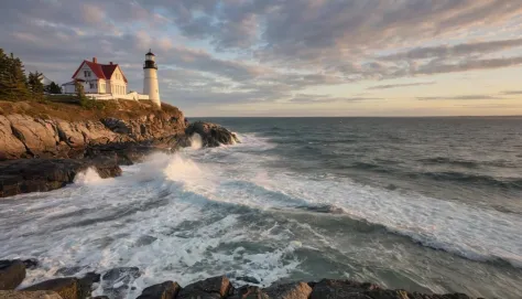 An isolated lighthouse on the rugged coast of Maine, enduring the relentless waves and winds. captured on a sony A6000 
