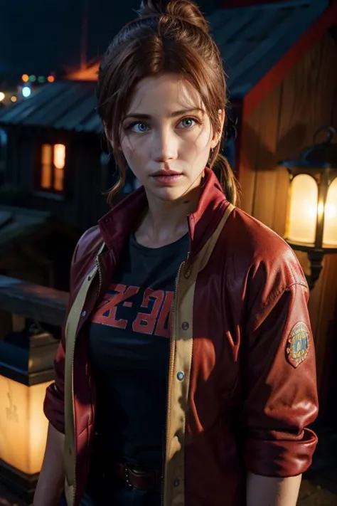 emilyrudd, as Claire redfield from resident evil 2, wearing red jacket, ponytail hairstyle, brown hair, in silent night city, mi...