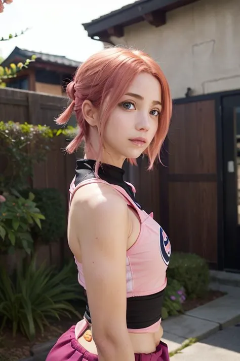 emilyrudd, as Sakura haruno from Naruto, pink hair, bob hairstyle (Sakura Haruno red ninja Outfit:0.9), in hidden ninja village ...