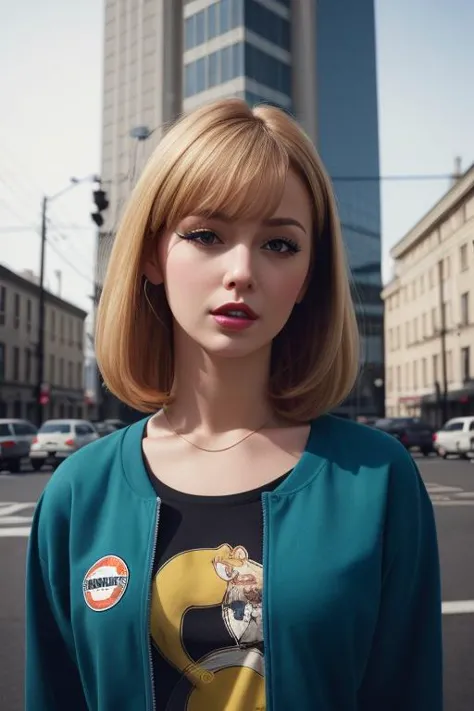 a woman with a green jacket and a black shirt standing in the middle of a street