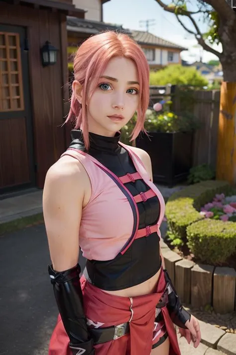 emilyrudd, as Sakura haruno from Naruto, pink hair, (Sakura Haruno red ninja Outfit:0.9), in hidden ninja village konoha <lora:e...