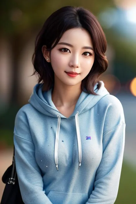 glamour shot of a beautiful Korean idol girl in a hoodie looking bashful at the viewer with a slight smile and winking, photorea...