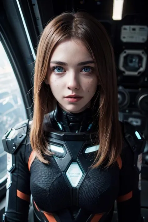 photo of a ginger woman, in space, futuristic space suit, (freckles:0.8) cute face, sci-fi, dystopian, detailed eyes, blue eyes