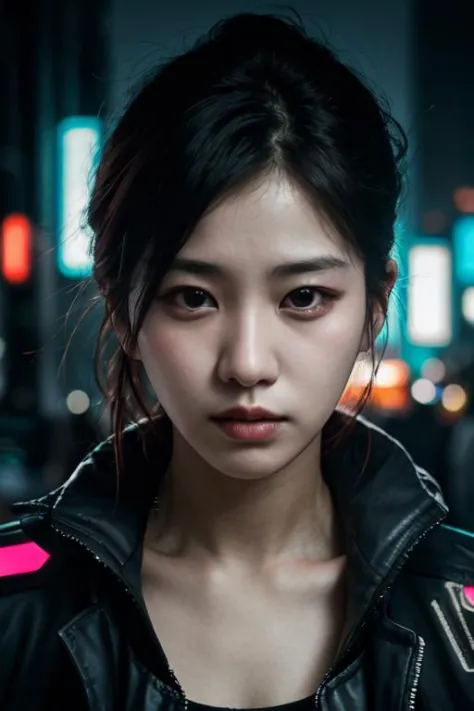 masterpiece, best quality, korean girl, kpop, wearing cyberpunk jacket, photorealistic, upperbody, low lighting, big city, RAW P...