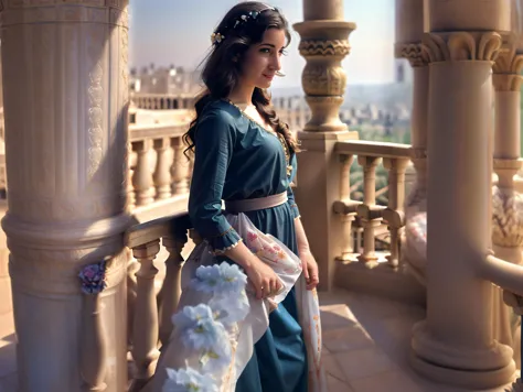 araffe woman in a blue dress standing on a balcony with a bouquet