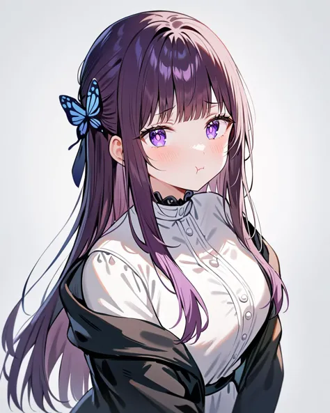 anime girl with long purple hair and butterfly in her hair