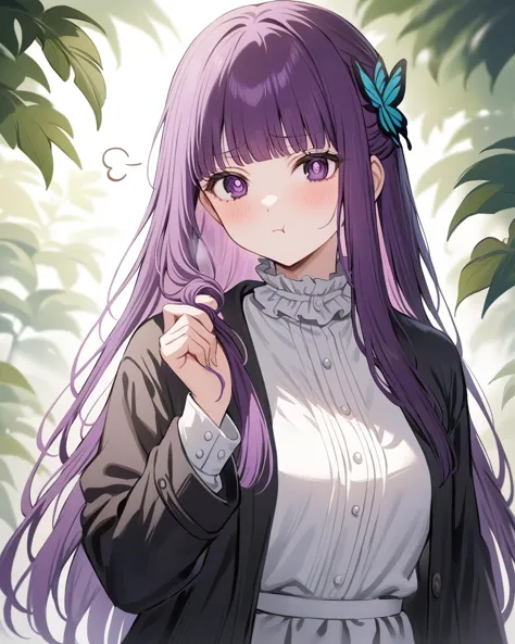 anime girl with purple hair and butterfly in her hair