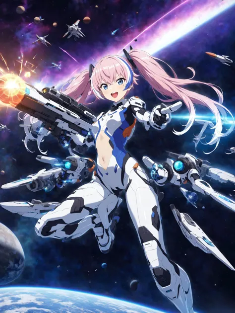 a woman in a space suit holding a gun and flying over a planet