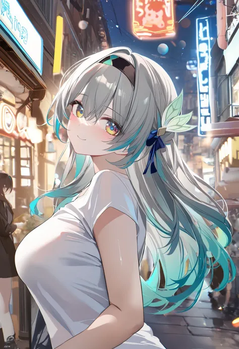 a woman with long hair and a white shirt standing in a city