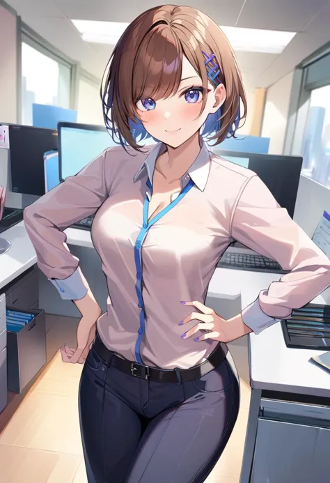 1girl, bangs, office, blue eyes, blue nails, blush, breasts, brown hair, closed mouth, collared shirt, eyebrows visible through hair, hand on hip, indoors, jacket, medium breasts, long sleeves, looking at viewer, nail polish, pants, pink nails, purple nails, shirt, short hair, smile, solo