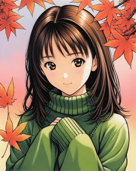 a girl in a green sweater and a green turtle neck sweater