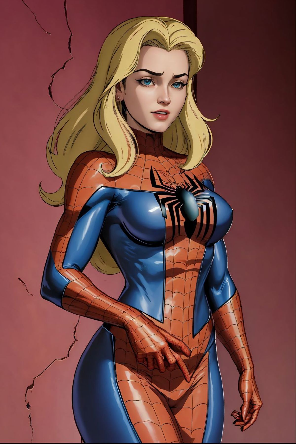 A woman in a spider - man suit standing next to a wall - SeaArt AI