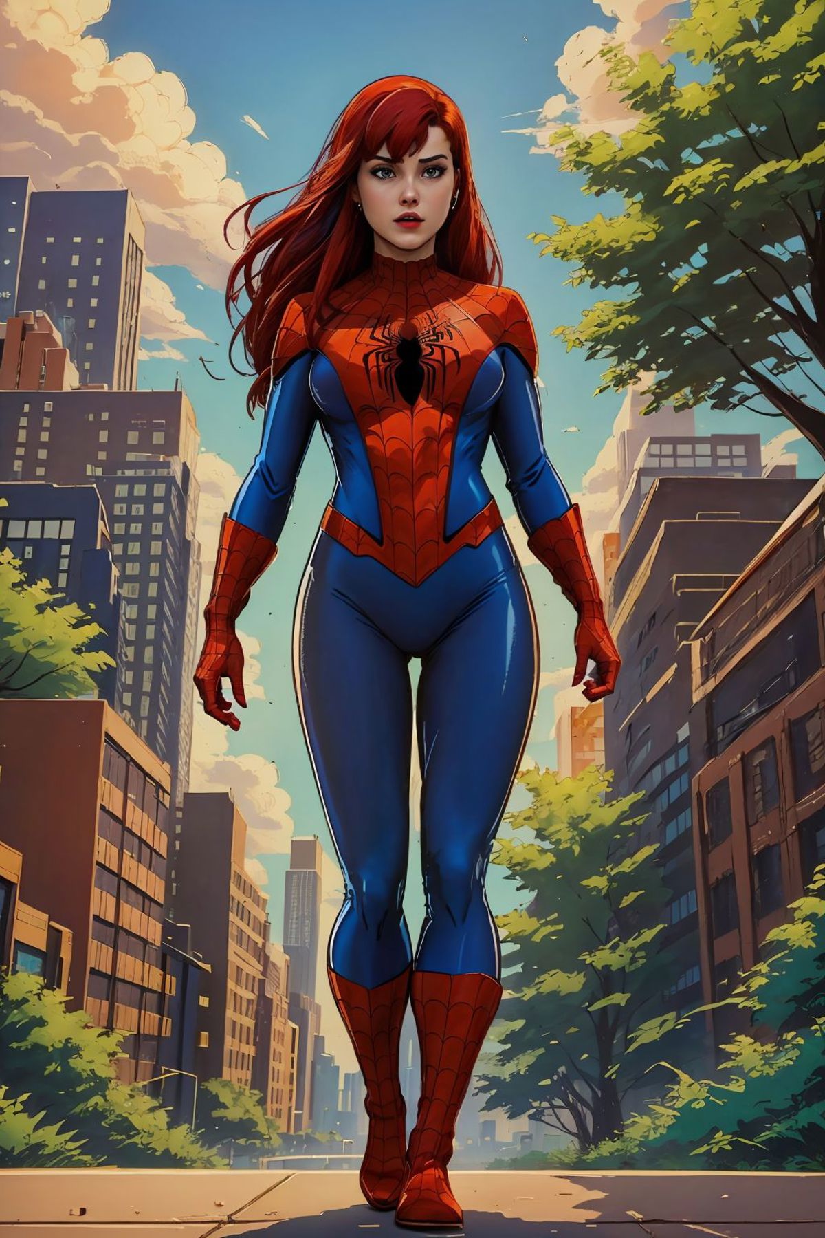 A woman in a spider - man suit walking down a city street - SeaArt AI