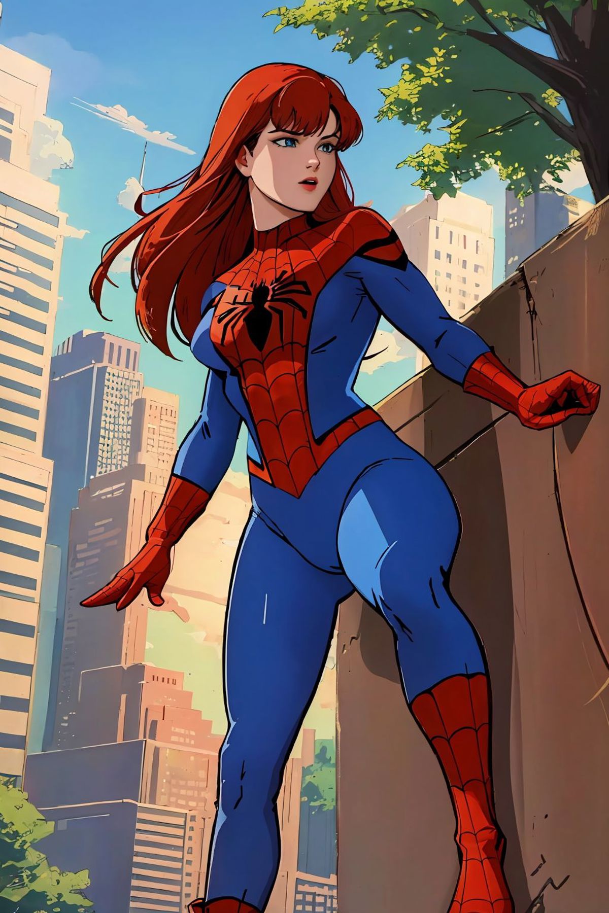 A cartoon of a woman in a spider - man suit standing on a ledge - SeaArt AI