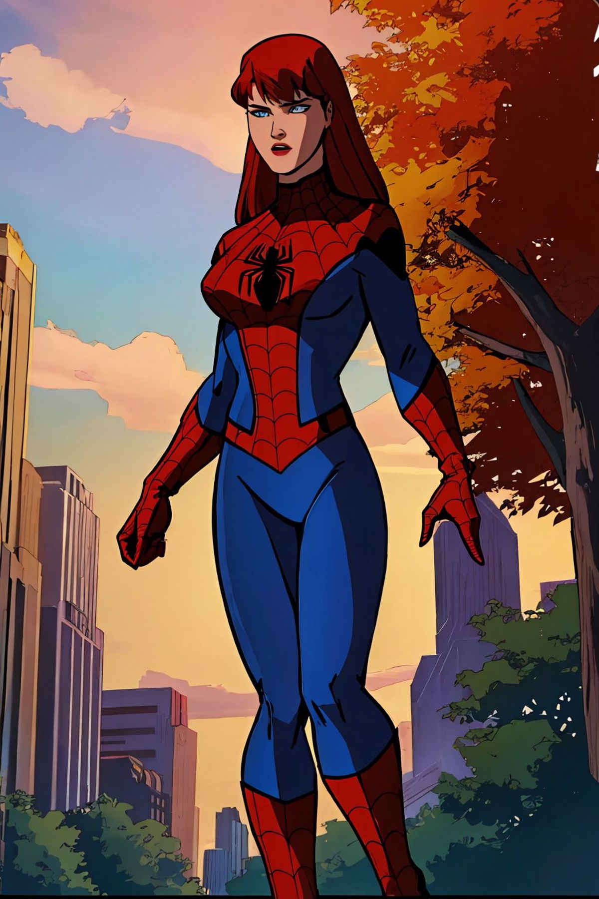 A cartoon of a woman in a spider - man suit standing in front of a building  - SeaArt AI