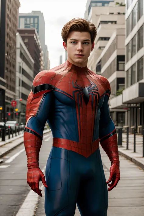 masterpiece, best quality, spider-man costume, nomask, 1boy, blonde hair, blue eyes, standing, new york background <lora:Spider-Man Costume_v1:1>