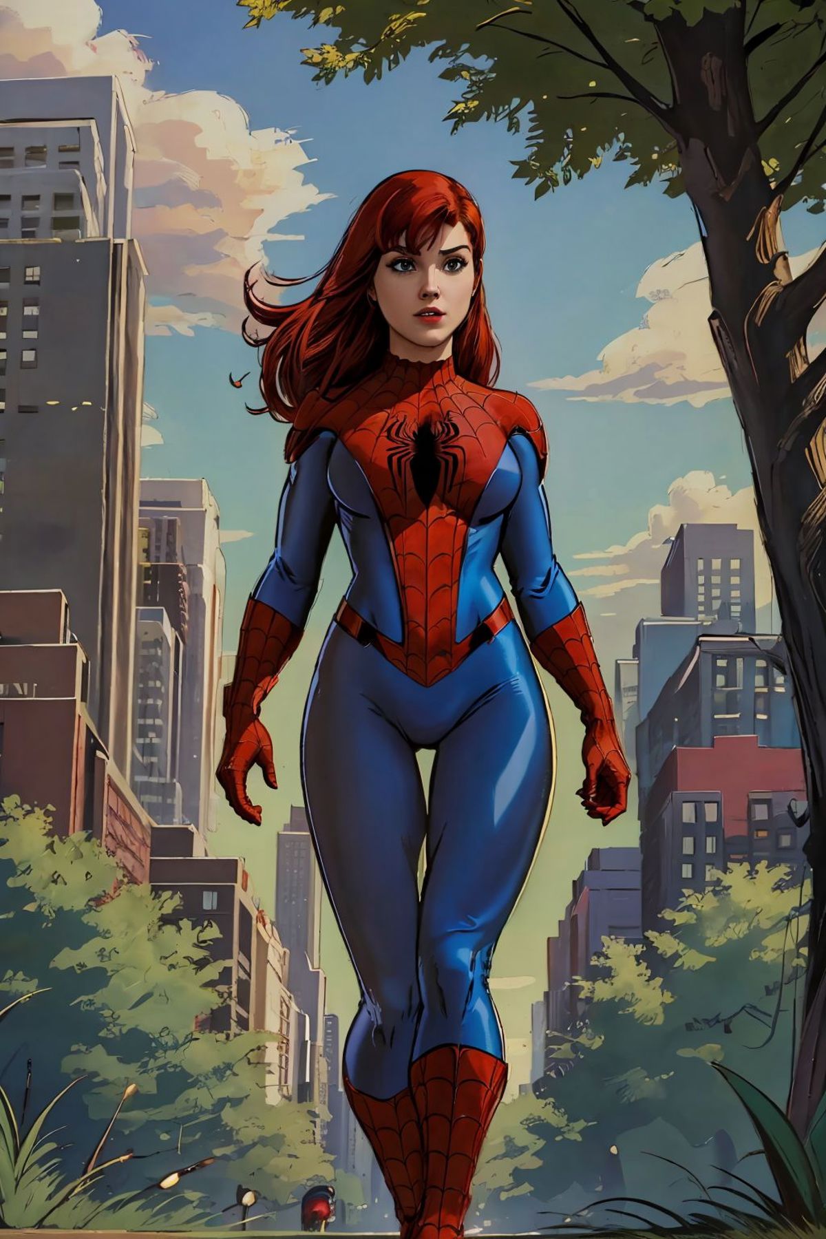 A cartoon of a woman in a spider - man suit standing in front of a building  - SeaArt AI