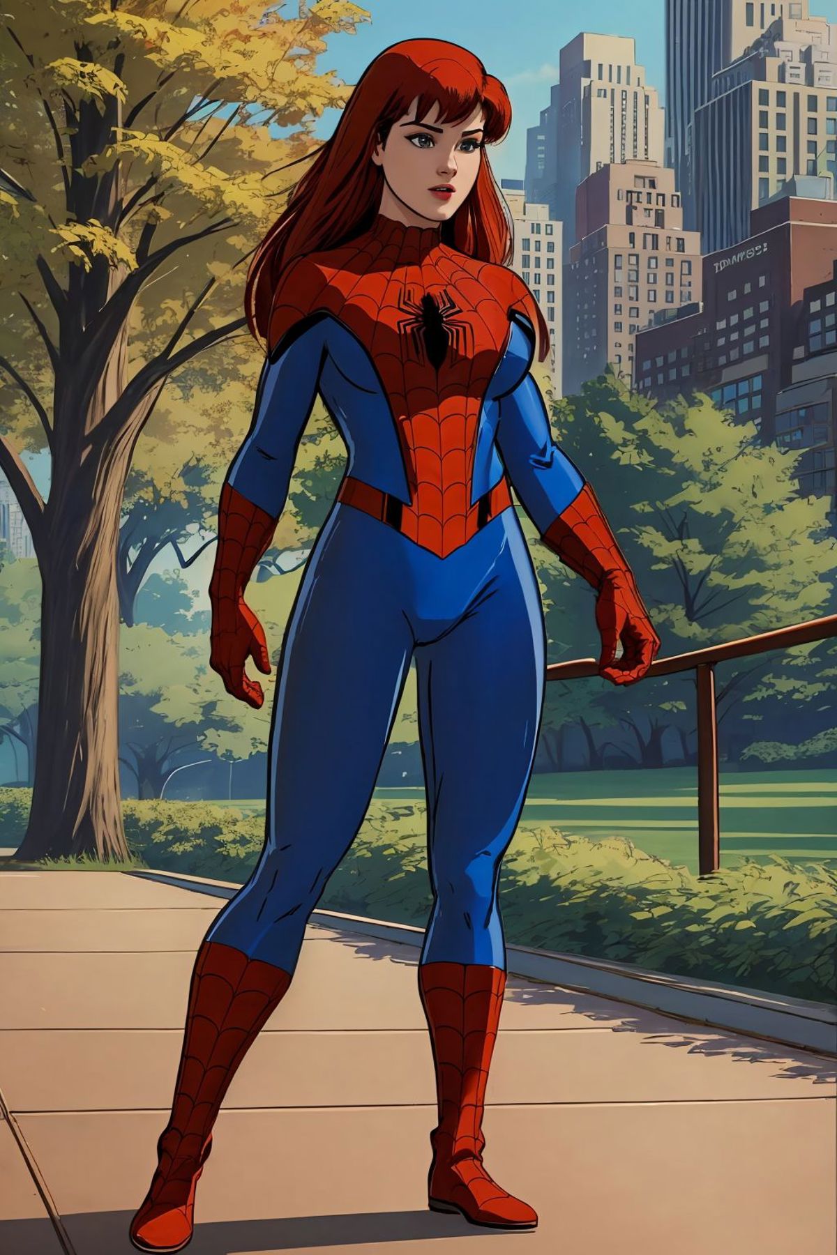 A cartoon of a woman in a spider - man suit standing on a sidewalk - SeaArt  AI