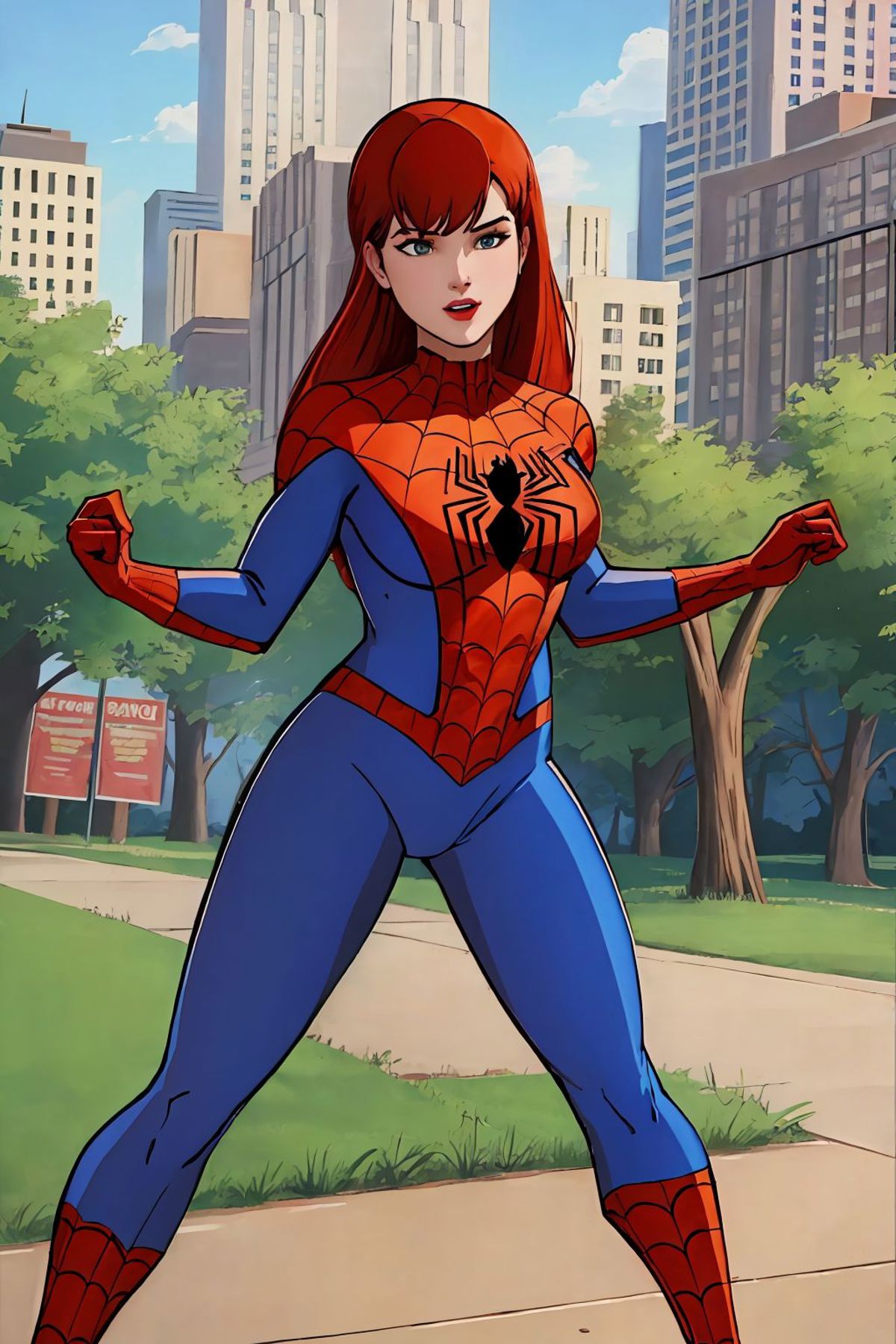 A cartoon of a woman in a spider - man suit standing on a sidewalk - SeaArt  AI