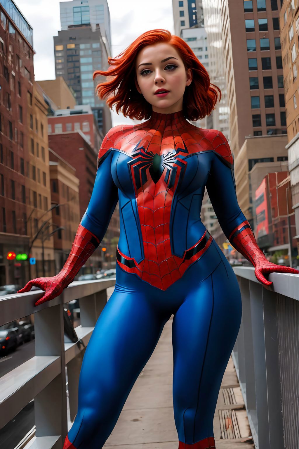 A woman in a spider - man suit poses for a picture - SeaArt AI