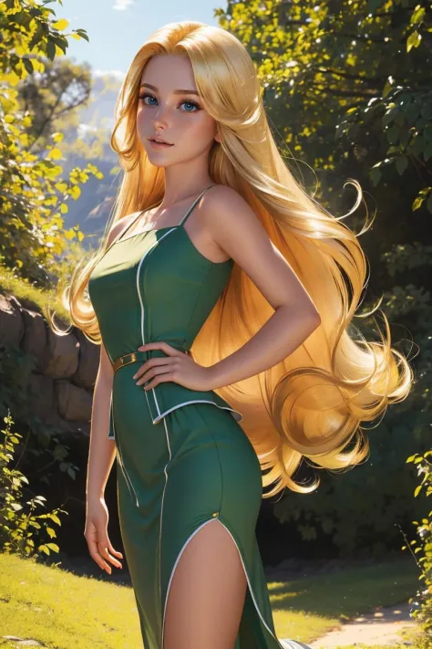 professional  photo of  Coriza, very long blond hair, green dress, 
detailed skin, detailed eyes, detailed face,
volumetric ligh...