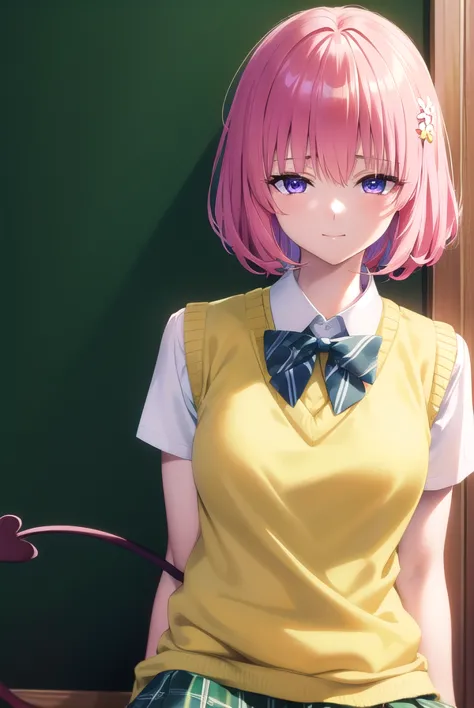 momodevilluke, <lora:momodeviluke-lora-nochekaiser:1>,
momo deviluke, demon tail, hair flower, hair ornament, (purple eyes:1.1), pink hair, short hair, tail, <lora:sensualface_type4:0.8>, smile,
BREAK demon tail, green skirt, plaid, plaid skirt, sainan high school uniform, school uniform, skirt, sweater vest, thighhighs, (yellow sweater:1.5), short sleeves, bow, green bow,
BREAK indoors, classroom,
BREAK looking at viewer, (cowboy shot:1.5),
BREAK <lyco:GoodHands-beta2:1>, (masterpiece:1.2), best quality, high resolution, unity 8k wallpaper, (illustration:0.8), (beautiful detailed eyes:1.6), extremely detailed face, perfect lighting, extremely detailed CG, (perfect hands, perfect anatomy),