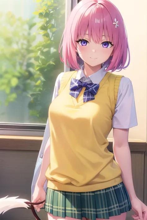 anime girl with pink hair and a yellow shirt and green skirt