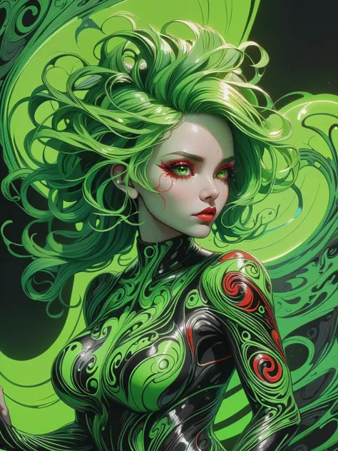 woman in the style of aaron horkey, in the style of ivan marchuk, neon_green hair, neon_red background <lora:EnvyInkSwirlXL01:1> swirling ink <lora:aesthetic:0.5> aesthetic <lora:great_lighting:1> great lighting, (masterpiece:1.2), best quality, (hyperdetailed, highest detailed:1.2), high resolution textures