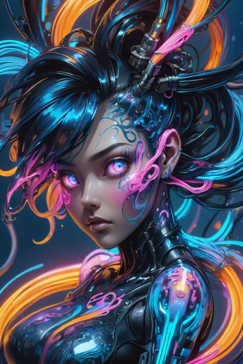 potrait of a cyberpunk city girl,( swirling ink forming holograms:1.2), in the style of aaron horkey, neon lights, Neon Orange, ...