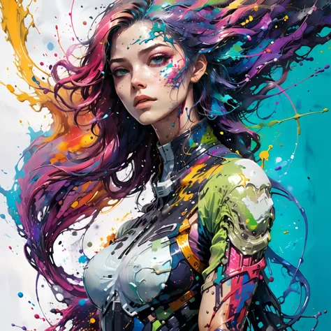 a painting of a woman with colorful hair and a white top