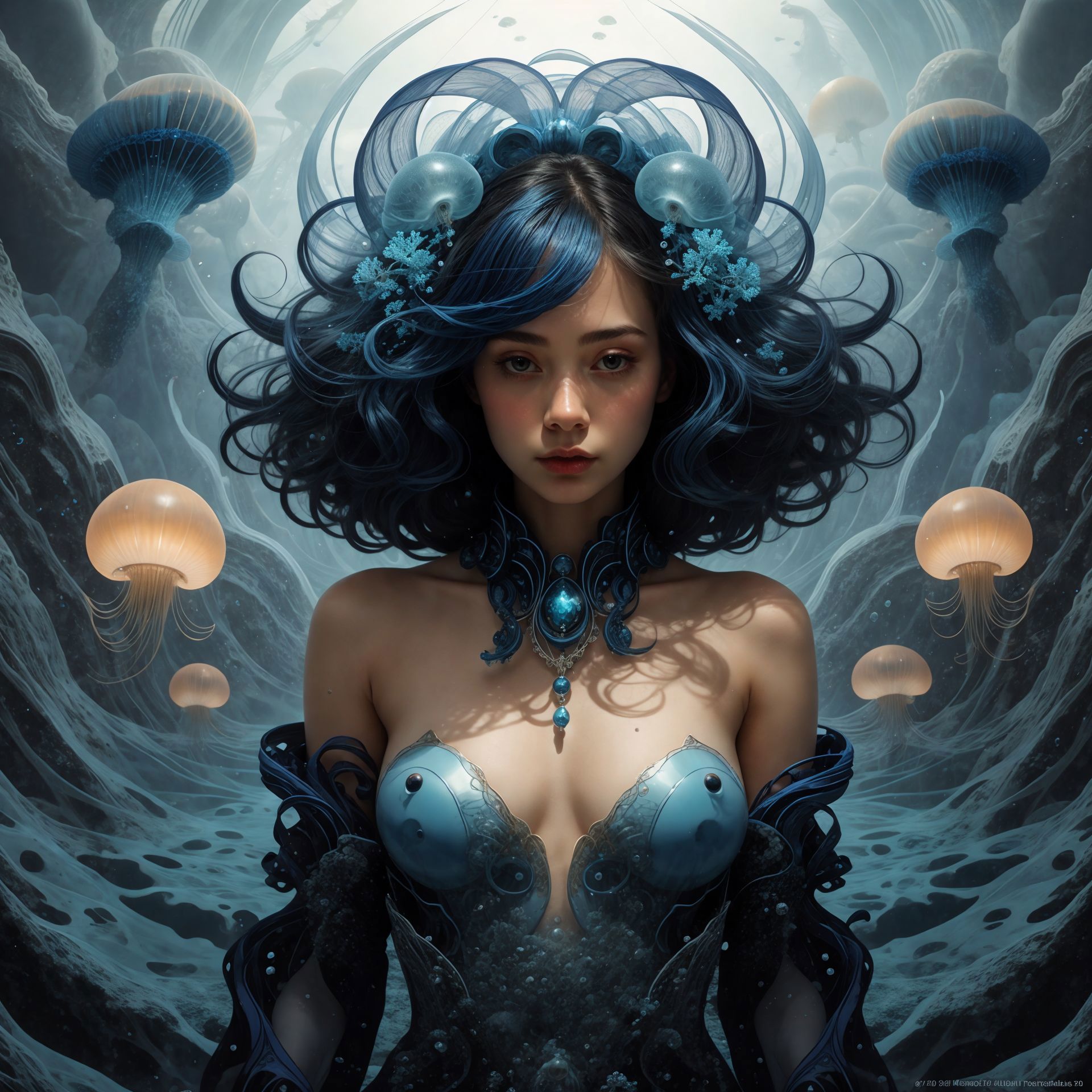 A woman with blue hair and a blue dress is surrounded by jellys - SeaArt AI