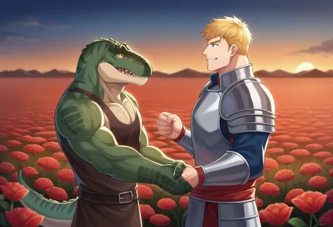 score_9, score_8_up, source_anime, 2boys, <lora:concept_handshake_ponyXL:0.55>, handshake, manly, muscular male,
BREAK  <lora:Trex_Dinosaur_XL:0.7> zzTrex, therapod, sharp large teeth, yellow eyes, green scales,
BREAK Men in slavic armor, blue eyes, blonde hair, <lora:slavic armor:0.5> slavic armor,
BREAK background field full of red flowers,