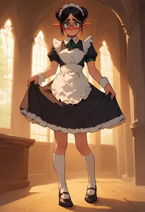 score_9, score_8_up, score_7_up, source_anime, looking at viewer , petite elf flashing viewer, black hair, messy bun, freckles, small breasts, green eyes, glasses, maid outfit, mansion, shy, blushing, ((aroused)), full body