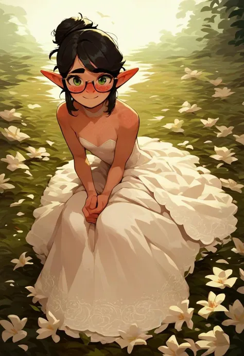 score_9, score_8_up, score_7_up, source_anime, looking at viewer , petite elf girl, black hair, messy bun, freckles, small breasts, green eyes, glasses, white wedding dress, outdoor wedding, full body, smiling, blush, beautiful